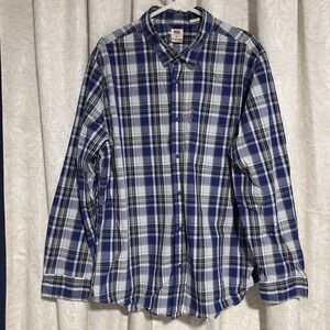LEVI'S Shirt Mens XXL Blue Gray White Plaid Button Down Long‎ Sleeve